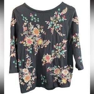 J.Jill Valley Flowers Modal Blend Black Embroidery Knit Top Women's Small